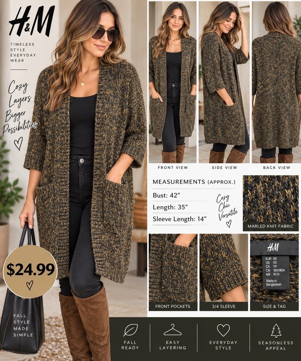 H&M Womens XS Black/Gold Marled Chunky-Knit Open Front Pockets Cardigan Sweater
